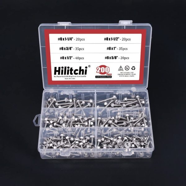 410 Stainless Steel #8 Hex Washer Head Self Drilling Sheet Metal Tek Screws Assortment Kit Set with Drill Point, Self Driller, 200 Pieces