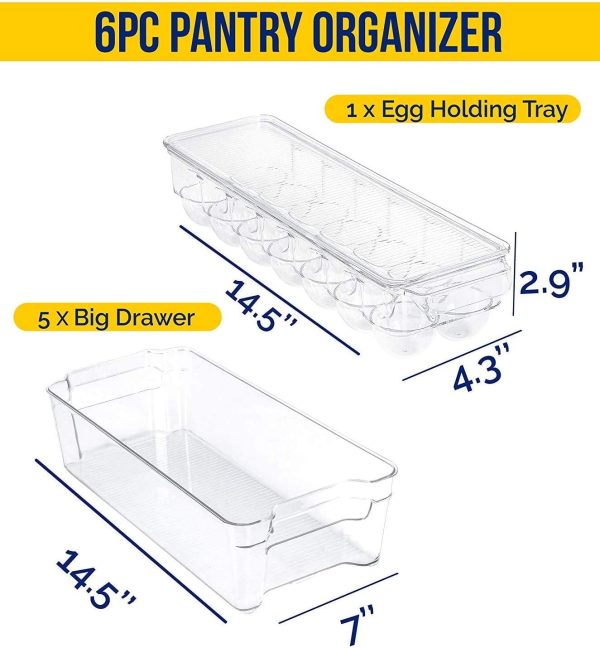 KICHLY (Set of 6) Refrigerator Organizer - Include 6 Organizer 5 Drawers & 1 Egg Holding Tray, Stackable Fridge Organizers for Freezer, Kitchen, Countertops, Cabinets (6-Piece) - Image 7