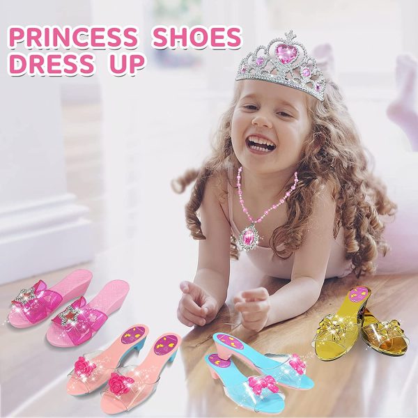 WTOR Girls Toys Princess Dress up Shoes Pretend Role Play Set Jewelry Boutique Plastic Accessory with 4 Shoes Gloves Bracelets Earrings Crowns for Kids Aged 3 4 5 6 7 8 Birthday Party Gift - Image 3