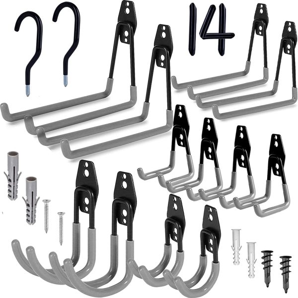 Garage Hooks, 14 Pack Wall Mount Utility Hooks Heavy Duty Steel Garage Storage Hooks Double Hangers with Bike Hooks for Organizing Ladders, Bicycle, Ropes, Power Tools, Garden Tools, Bulk Items - Image 6