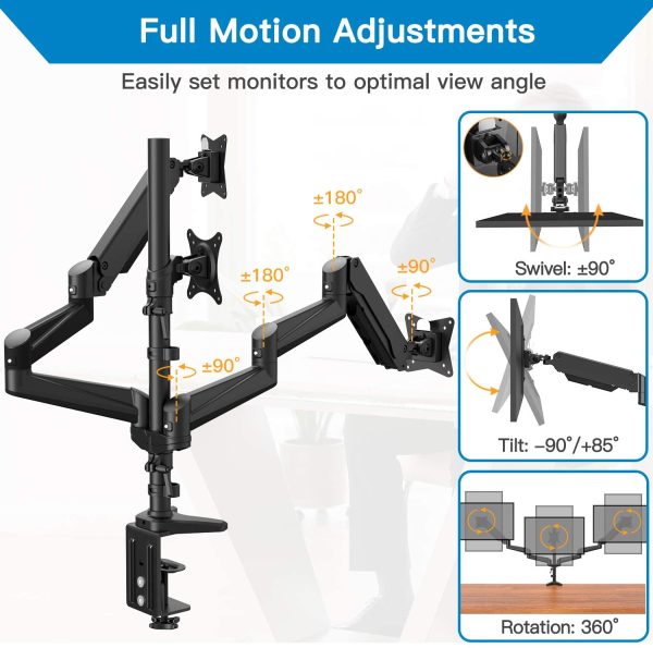 Triple Monitor Stand - Full Motion Articulating Aluminum Gas Spring Monitor Mount Fit Three 17 to 32 inch LCD Computer Screens with Clamp, Grommet Kit, Black