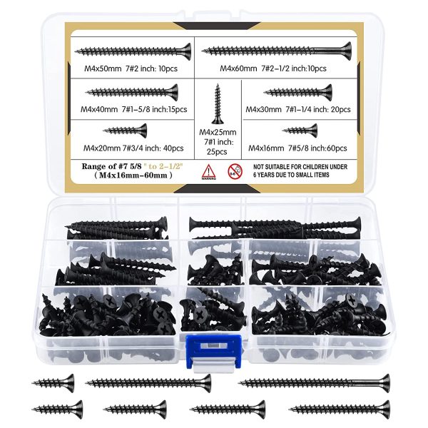 TUPARKA 180 Pcs M4 Black Wood Screw Assortment Coarse Thread Harp Point Self Tapping Screws 7 Sizes Drywall Screws for Drywall Sheetrock Wood Furniture and Cabinet (Black) - Image 2