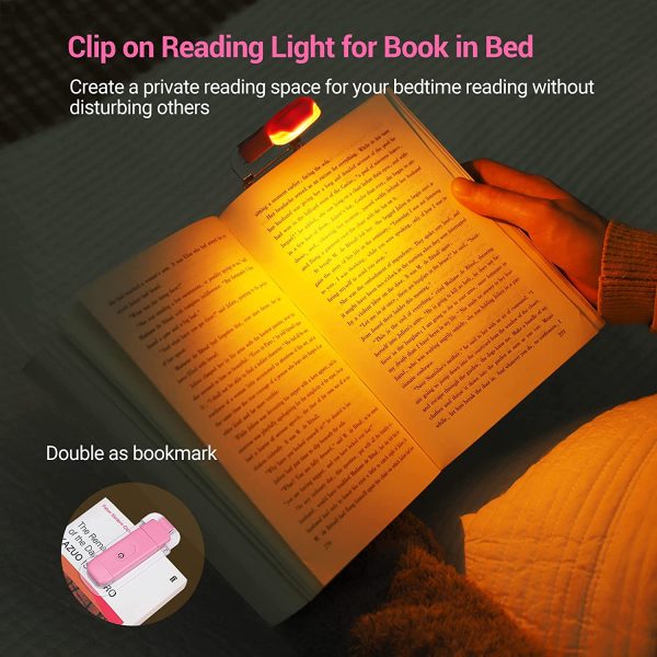 Amber Book Light, USB Rechargeable Book Light for Reading in Bed, 3 Brightness Levels, Blue Light Blocking, LED Clip-on Reading Light for Kids, Bookworms, Pink