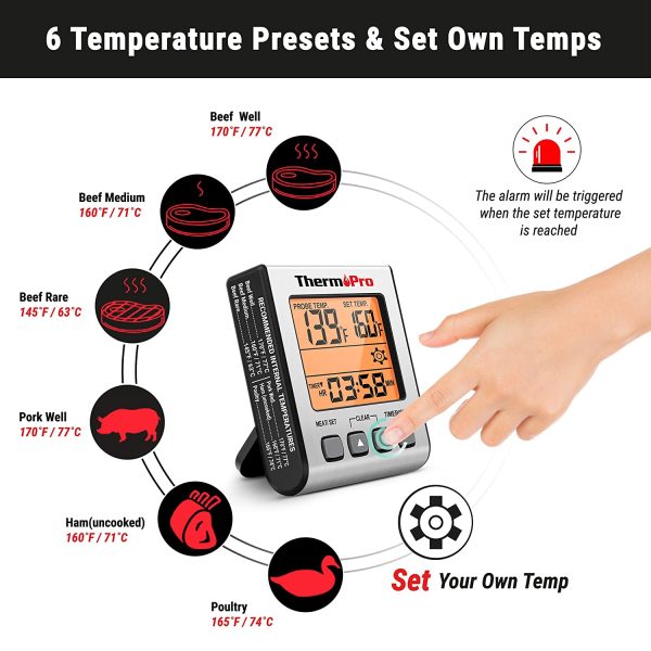 ThermoPro TP16S Digital Meat Thermometer for Cooking and Grilling, BBQ Food Thermometer with Backlight and Kitchen Timer, Grill Temperature Probe Thermometer for Smoker, Barbecue, Oven, Baking,Oil - Image 7