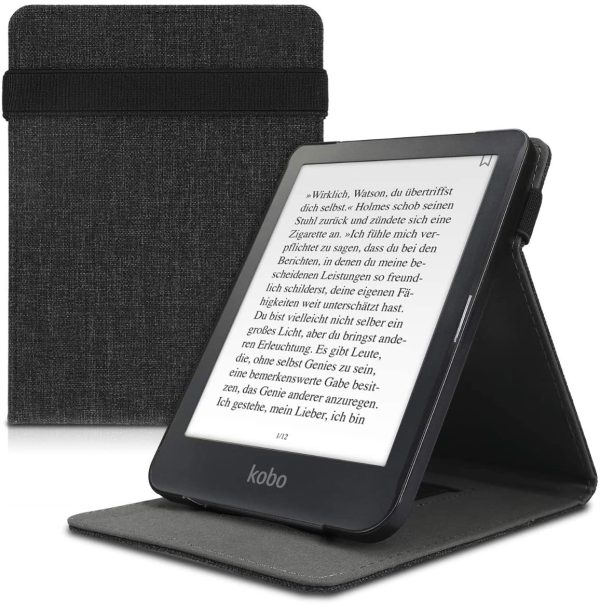 kwmobile Cover Compatible with Kobo Clara HD - Fabric e-Reader Case with Hand Strap and Stand - Fabric Dark Grey - Image 7