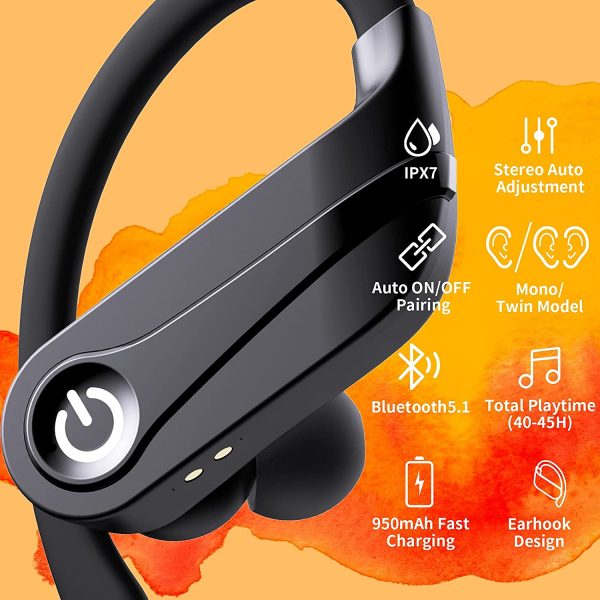 Wireless Earbuds, Bluetooth Headphones for Sport True Wireless Bluetooth 5.1,In-Ear Headsets with Built-in Microphone Bluetooth Waterproof Headphones with Ear Hook and Strong Bass for workout, Gym, Running Compatible with iPhone Android (Black) - Image 6