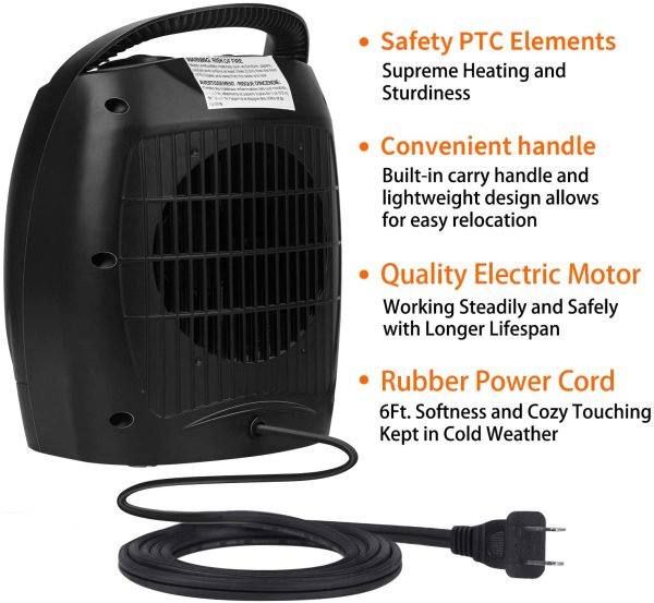 Portable Electric Space Heater with Thermostat, 1500W/750W Safe & Quiet Ceramic Heater Fan, Heat Up 200 sq. Ft for Office Room Desk Indoor Use (Black) - Image 5