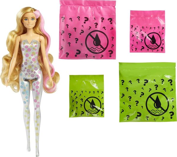 Barbie Color Reveal Doll with 7 Surprises: 4 Bags Contain Skirt, Shoes, Earrings & Brush; Water Reveals Confetti-Print; Doll’s Look & Color Change on Hair & Face; Party Series; 3 Year Olds & Up - Image 8