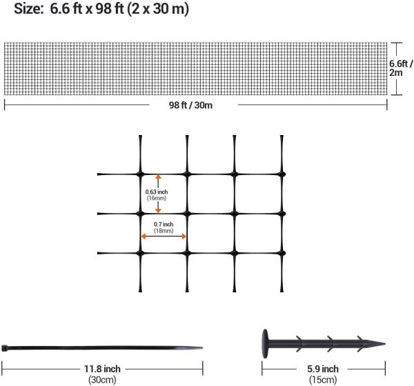 Ohuhu 6.8 x 100 FT Heavy Duty Bird Netting with Cable Ties & Ground Nails, PP Material Anti-Bird Reusable Garden Netting for Fruit, Vegetable, Plant Trees, Plastic Deer Netting Fencing Protection - Image 2