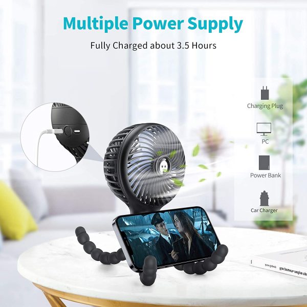 Stroller Fan, Portable Clip on Stroller Fan for Baby, 3 Speed Adjustment, 2000mAh Rechargeable Personal Desk Fan with Flexible Tripod, Mini Handheld Fan for Car Seat, Bicycle, Camping, Treadmill, (Black)