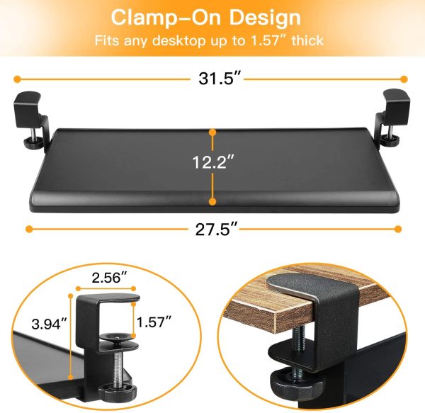 Keyboard Tray Under Desk with C Clamp Large Size, Steady Slide Keyboard Stand, No Screw into Desk, Perfect for Home or Office, 27.5" (32.5" Including Clamps) x 12.2" - Image 4