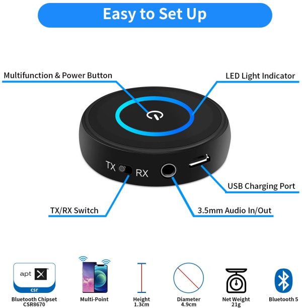 Bluetooth 5.0 Transmitter Receiver for TV Watching, Upgraded aptX LL/FS 40ms Wireless Audio Adapter for Home Stereo PC Radio CD Music Stream, Pair 2 Headphones, 3.5mm AUX/RCA Jack, Plug n Play(Without Optical Audio Cable) - Image 5