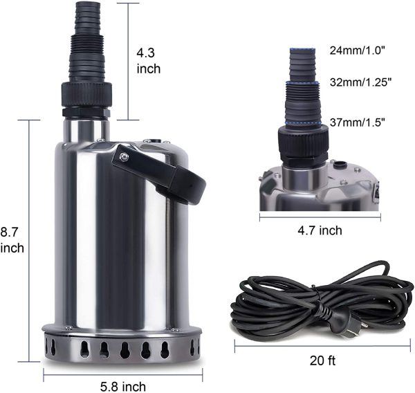 1/2HP 1850 GPH Submersible Pump Stainless Steel Portable Sump Pumps Electric Transfer Water Pump Utility Clean Water for Pool,Ponds and Basement Drain - Image 2