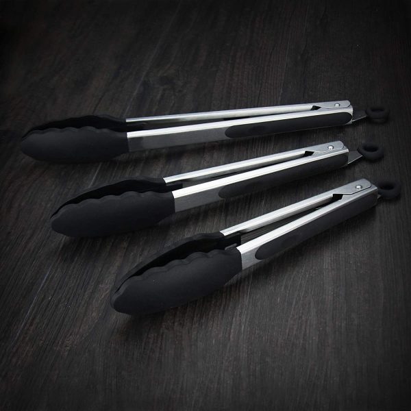 3 Pack Black Kitchen Tongs, Premium Silicone BPA Free Non-Stick Stainless Steel BBQ Cooking Grilling Locking Food Tongs, 9-Inch 10-Inch & 12-Inch - Image 3