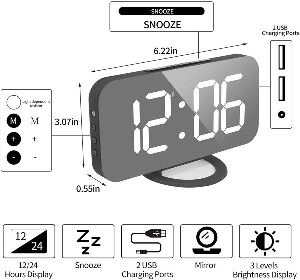 Digital Alarm Clock, Large LED Display, with USB Charger, Snooze Function Dim Mode Wall Hanging Beside Desk Clock for Bedroom (Black) - Image 5