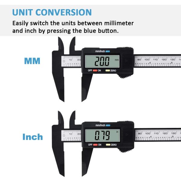 ADORIC Digital Caliper Caliper Measuring Tool Vernier Calipers with Inch/MM Conversion Large LCD Screen 0-6Inch/150mm Auto-Off Carbon Fiber Gauge - Image 5