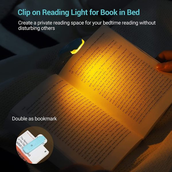 USB Rechargeable Book Reading Light, Amber Glow, Blue Light Blocking, Brightness Adjustable for Eye-Protection, LED Clip on Book Lights, Portable Bookmark Light for Reading in Bed, Blue - Image 4