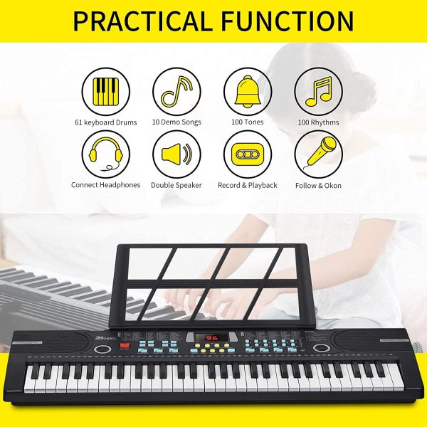 24HOCL Kids Piano Keyboard, 61 Key Electronic Keyboard Portable Digital Music Keyboard, Learning Keyboard with Microphone Music Sheet Stand UL Adapter, Best Gift for Boys & Girls, Black - Image 4