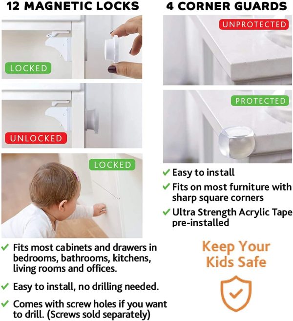 Magnetic Cabinet Locks Child Safety 41-Piece Kit with New Upgraded Adhesive [12 Magnet Locks 2 Keys 4 Corner Guards] Easy Installation No-Drill Baby Proofing Locks to Childproof Cabinets & Drawers - Image 7