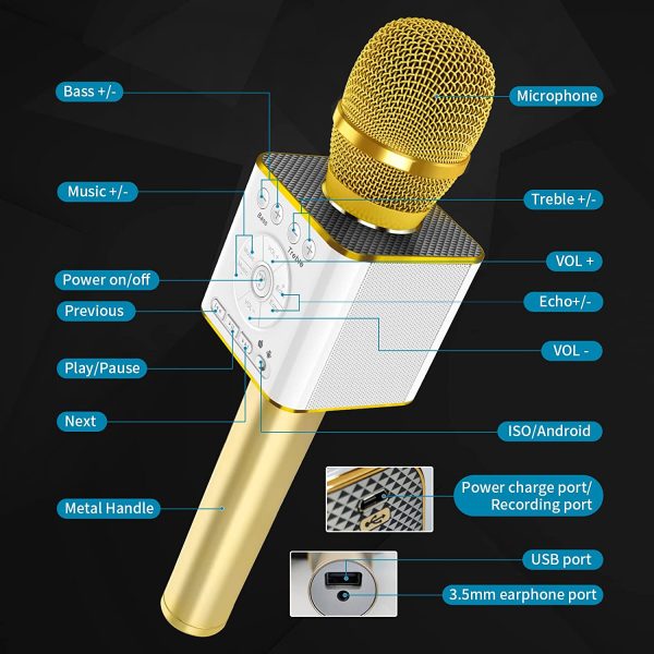 TOSING 04 Karaoke Microphone Bluetooth Wireless,USB/Aux Playback DIY 10W Dual Speakers MIC Volume +/-,Treble/Bass/Echo for Adults/Kids Home Party Birthday Christmas All Smartphone/Tv/Pc(Gold) - Image 6