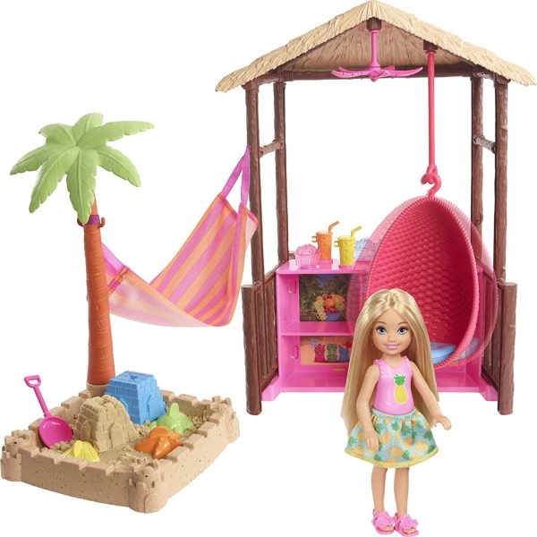 Barbie Chelsea Doll and Tiki Hut Playset with 6-inch Blonde Doll, Hut with Swing, Hammock, Moldable Sand, 4 Molds and 4 Storytelling Pieces, Gift for 3 to 7 Year Olds [Amazon Exclusive] - Image 7