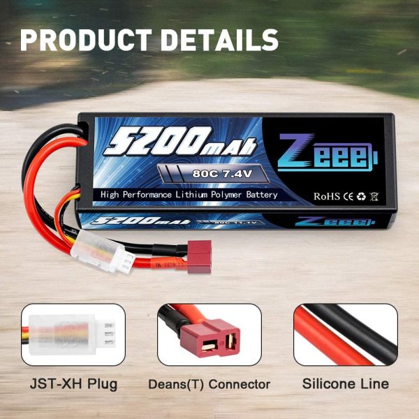 Zeee 2S 7.4V 5200mAh Lipo Battery 80C Hard Case Battery with Deans Plug for 1/8 1/10 RC Vehicles Car Traxxas Slash X-Maxx RC Buggy Truggy RC Airplane(2 Pack)