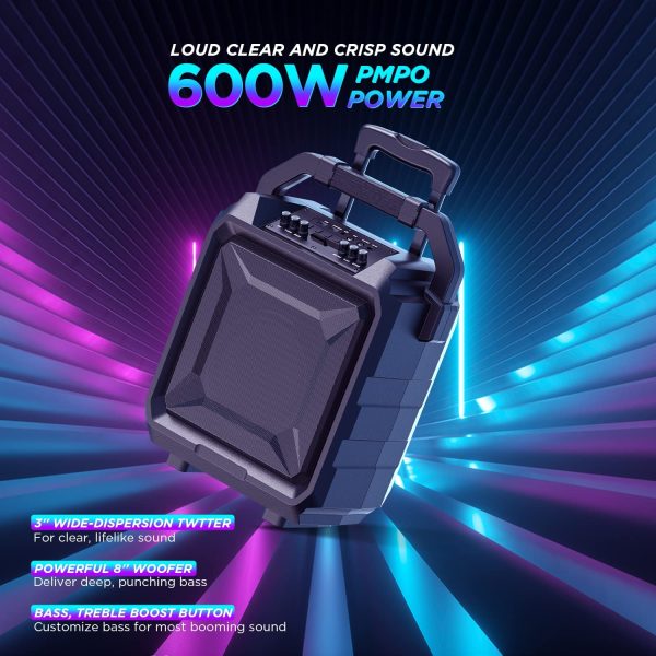 Portable PA System, Powerful 600W PMPO, 8" Woofer, Rechargeable Karaoke Machine with 3'' Tweeter Speaker, Deep Bass/Treble, EQs/Echo, Works with Bluetooth/Mic/AUX/FM/USB, Telescopic Handle/Wheels Speaker for Dancing/Gym - Image 3