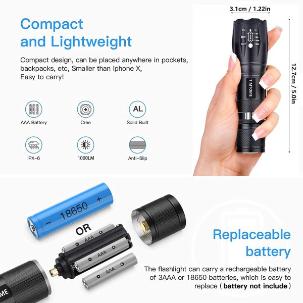 LED Flashlight, Ultra Bright XML T6 Handheld Flashlights - High Lumen, Zoomable, 5 Modes, Water-Resistant - Perfect for Camping Biking Home Emergency or Gift-Giving (1) - Image 7