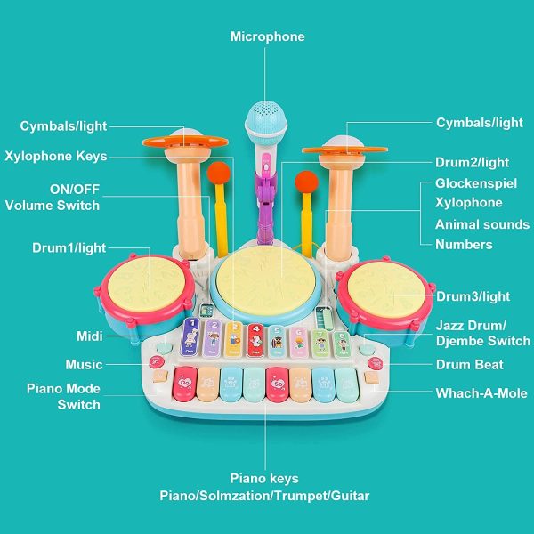 5 in 1 Kids Drum Set, Rabing Kids Piano Electric Musical Instruments Toys with 2 Drum Sticks, Beats Flash Light and Adjustable Microphone, Birthday Gift for 1-12 Years Old Boys and Girls - Image 3