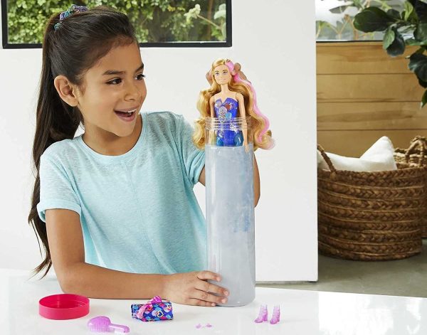 Barbie Color Reveal Doll with 7 Surprises: 4 Bags Contain Skirt, Shoes, Earrings & Brush; Water Reveals Confetti-Print; Doll’s Look & Color Change on Hair & Face; Party Series; 3 Year Olds & Up