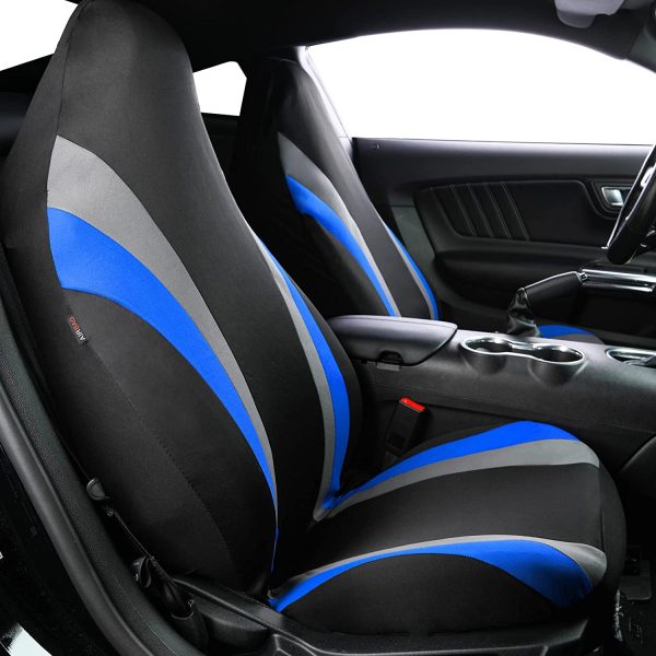 CAR PASS Line Rider Sporty Cloth Universal Fit Car Seat Cover -100% Breathable with 5mm Composite Sponge Inside,Airbag Compatible (2 Pieces, Black with Blue) - Image 2