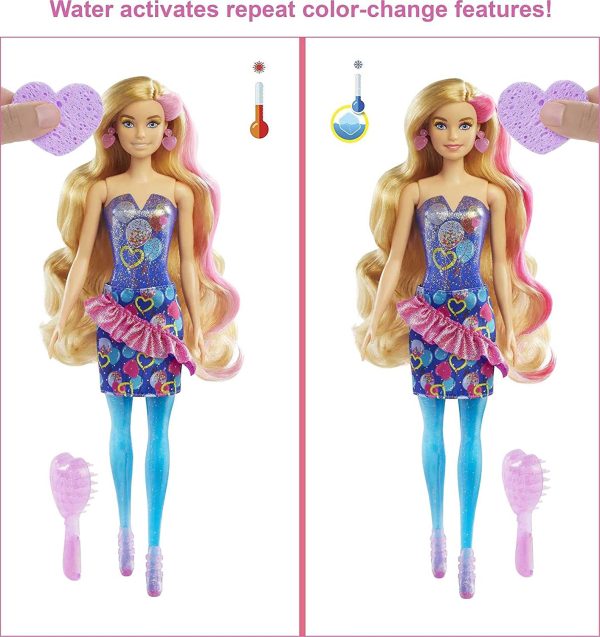 Barbie Color Reveal Doll with 7 Surprises: 4 Bags Contain Skirt, Shoes, Earrings & Brush; Water Reveals Confetti-Print; Doll’s Look & Color Change on Hair & Face; Party Series; 3 Year Olds & Up - Image 5