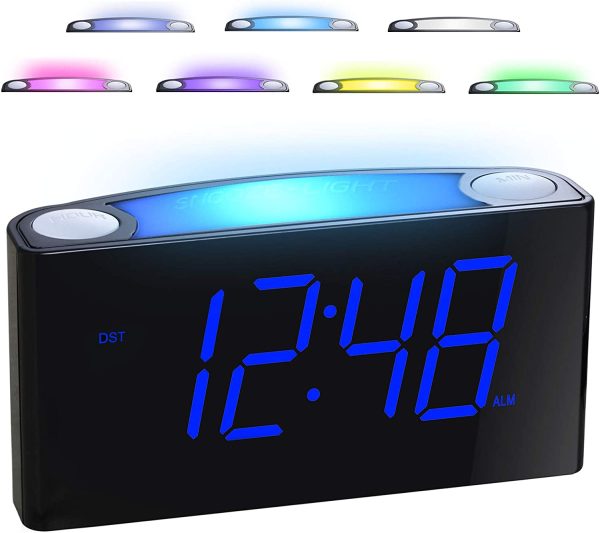 Digital Alarm Clock for Bedrooms, 7'' Large LED Display Electric Clock with 2 USB Chargers, 7 Color Night Light Alarm Clock, 0-100% Dimmer, 12/24 H & DST, Adjustable Volume, Big Snooze, Battery Backup, Simple Basic Plug in Loud Alarm Clock for Heavy Sleepers Kids Teens Boys Girls Elderly Seniors, Home Living Room Kitchen Desk Shelf Bedside Nightstand, Office Travel (Blue) - Image 5