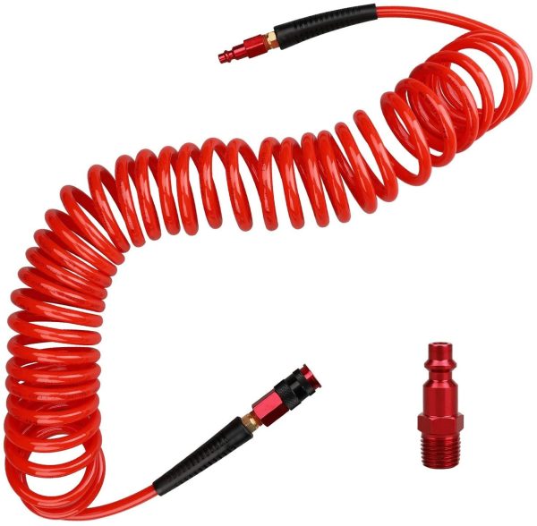 1/4 in x 25 ft Polyurethane Recoil Air Hose with Bend Restrictors Compressor Hose with 1/4" Industrial Universal Quick Coupler and I/M Plug Kit, Red