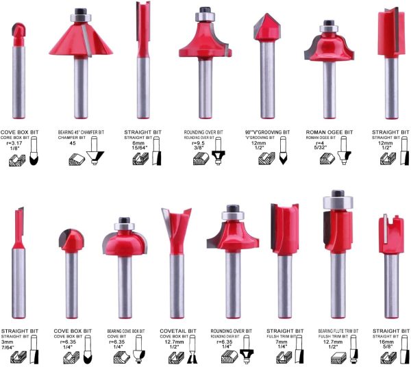 LU&MN Carbide Tipped Router Bits (15 PCS) with 1/4" Shank, Wood Milling Saw Cutter, All Purpose (Woodworking Tools for Home Improvement and DIY) - Image 3