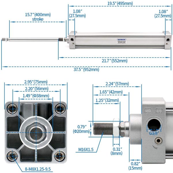 Baomain Pneumatic Air Cylinder SC 63 x 400 PT 3/8, Bore: 2 1/2 inch, Stroke: 16 inch, Screwed Piston Rod Dual Action - Image 3