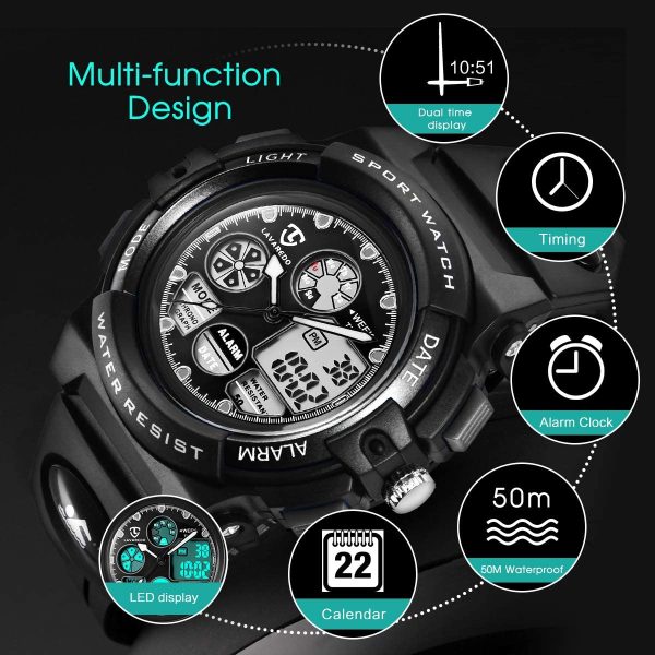 Watch Kid's Watches Boys Analog Digital Quartz Sport Electronic Military Dual Time Waterproof LED Back Light 164Ft 50M Water Resistant Calendar Alarm Stopwatch Multifunction - Image 6