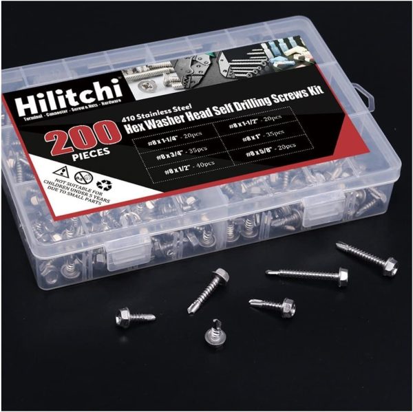 410 Stainless Steel #8 Hex Washer Head Self Drilling Sheet Metal Tek Screws Assortment Kit Set with Drill Point, Self Driller, 200 Pieces - Image 5