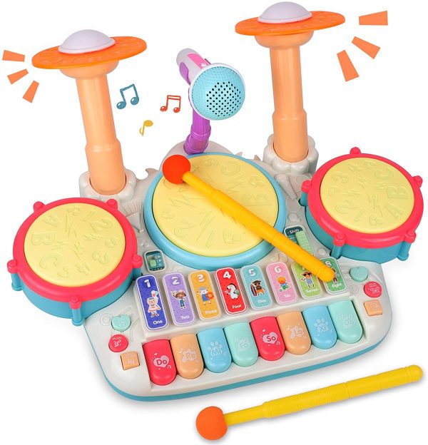 5 in 1 Kids Drum Set, Rabing Kids Piano Electric Musical Instruments Toys with 2 Drum Sticks, Beats Flash Light and Adjustable Microphone, Birthday Gift for 1-12 Years Old Boys and Girls - Image 9