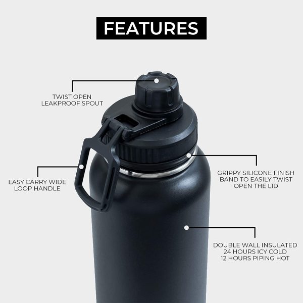 Stainless Steel Water Bottle XL - Gun Powder Black (1 L / 34oz) Wide Mouth, BPA Free, Vacuum Double Wall Insulated - Image 6