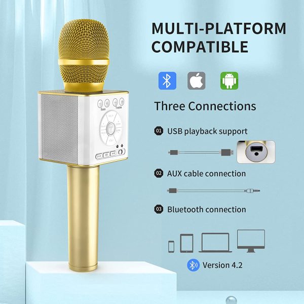 TOSING 04 Karaoke Microphone Bluetooth Wireless,USB/Aux Playback DIY 10W Dual Speakers MIC Volume +/-,Treble/Bass/Echo for Adults/Kids Home Party Birthday Christmas All Smartphone/Tv/Pc(Gold) - Image 4