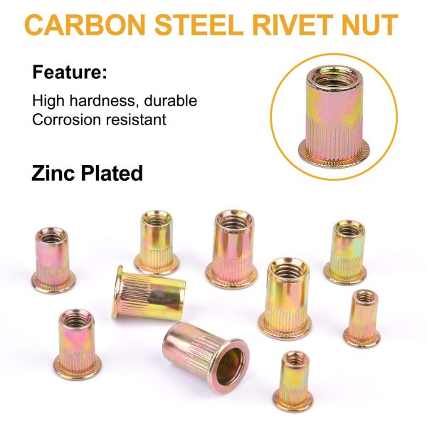 VIGRUE 230PCS SAE & Metric Rivet Nuts Carbon Steel UNC Nutserts Rivnut Assortment Kit, Zinc Plated, Flat Head Insert Nut Assort #8-32#10-24 1/4"-20 3/8"-16 5/16"-18 and M3 M4 M5 M6 M8 M10 M12 - Image 7