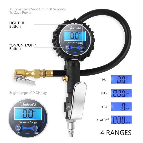 AstroAI Digital Tire Inflator with Pressure Gauge, 250 PSI Air Chuck and Compressor Accessories Heavy Duty with Rubber Hose and Quick Connect Coupler for 0.1 Display Resolution (Black)