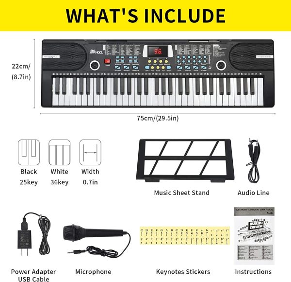 24HOCL Kids Piano Keyboard, 61 Key Electronic Keyboard Portable Digital Music Keyboard, Learning Keyboard with Microphone Music Sheet Stand UL Adapter, Best Gift for Boys & Girls, Black - Image 2