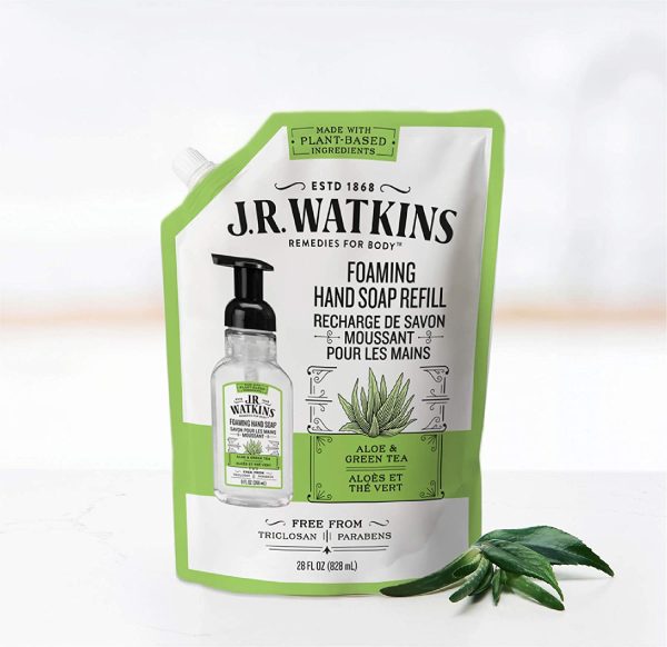 J.R. Watkins Aloe and Green Tea Foaming Hand Soap Refill Pouch, Scented Foam Handsoap for Bathroom or Kitchen, USA Made and Cruelty Free, 828 Milliliters