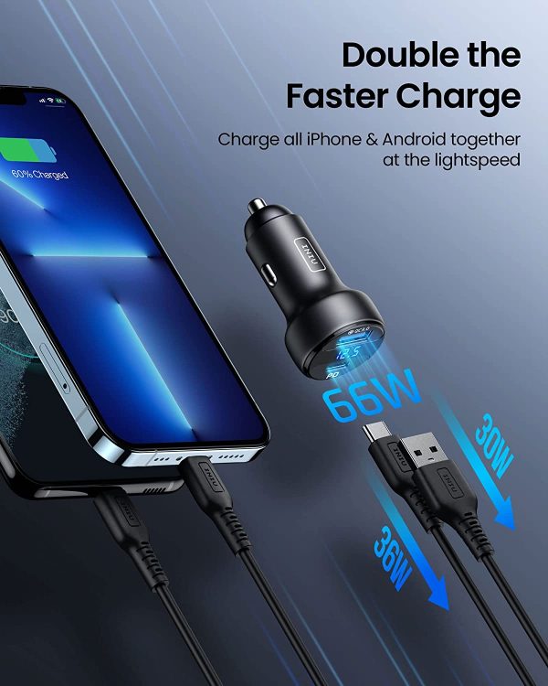 Car Charger,  66W Total QC 3.0 6A PD Fast Charge USB C Car Charger, All-Metal Mini Dual Port [USB C+ USB A] Car Adapter for iPhone 13 12 11 Pro Max iPad Samsung S21 S20 MacBook Airpods Tablets etc