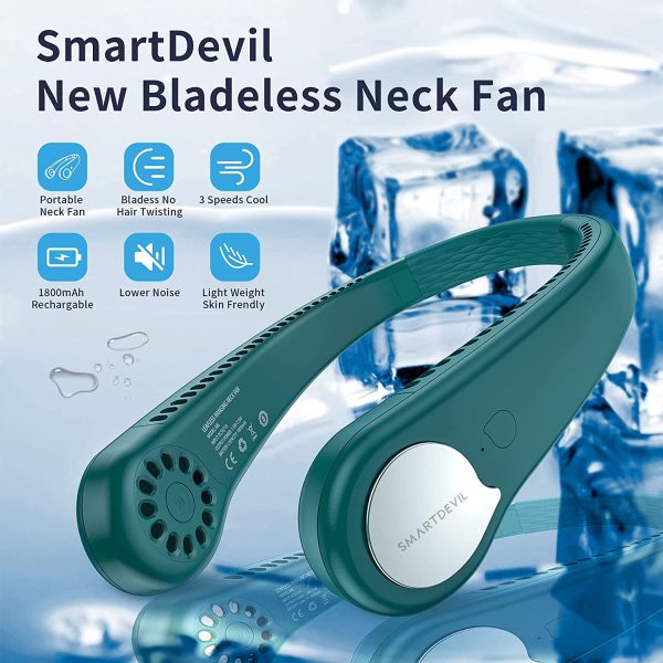 Portable Neck Fan, 3 Speeds Rechargeable Lazy Neckband Fan, Personal Bladeless Battery Operated Fan with 48 Air Outlet, Wearable Mini Hanging Neck Fan for Sports, Travel, Outdoor (Green)