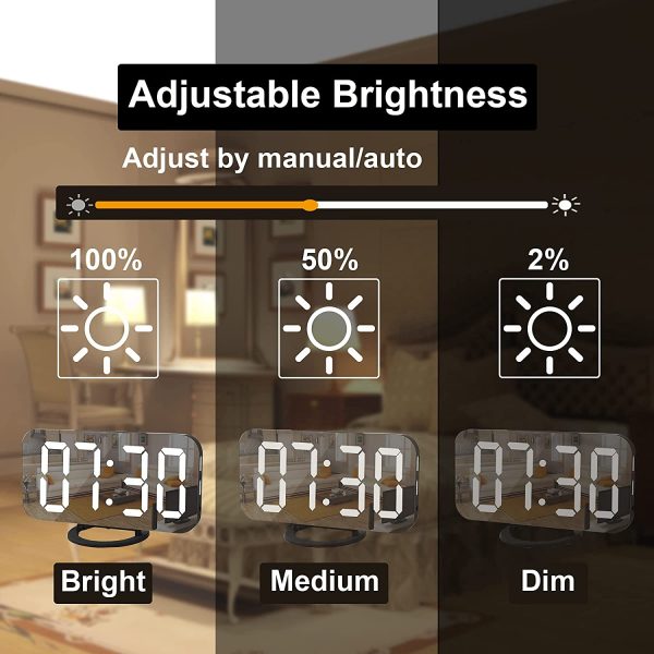 Digital Alarm Clock, 7" Alarm Clocks for Bedrooms, Large Display Mirror Surface Alarm Clock with USB Charger 12/24H,Snooze,Auto Dimmer Mode,for Office Bedroom Nightstand Desk-Black - Image 4