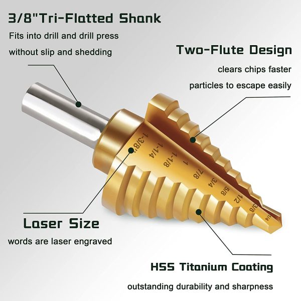 Yangoutool Titanium Step Drill Bit,HSS 10 Steps from 1/4"-1-3/8" Inches with Safe Plastic Case 商品名称 - Image 4