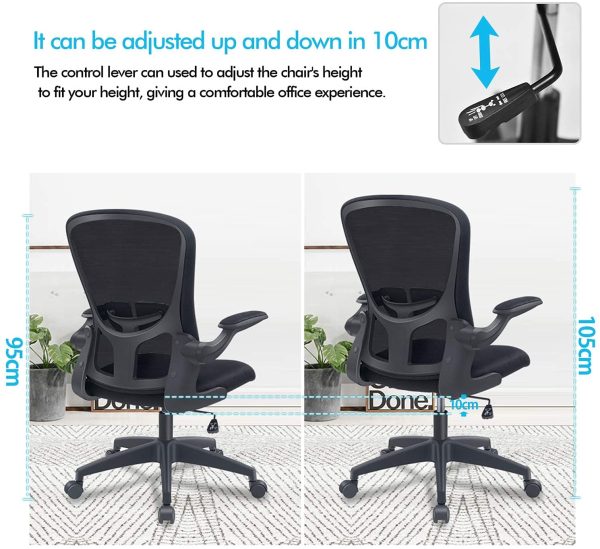 Office Chair,  Ergonomic Desk Chair with Adjustable Height, Swivel Computer Mesh Chair with Lumbar Support and Flip-up Arms, Backrest with Breathable Mesh (Black) - Image 4